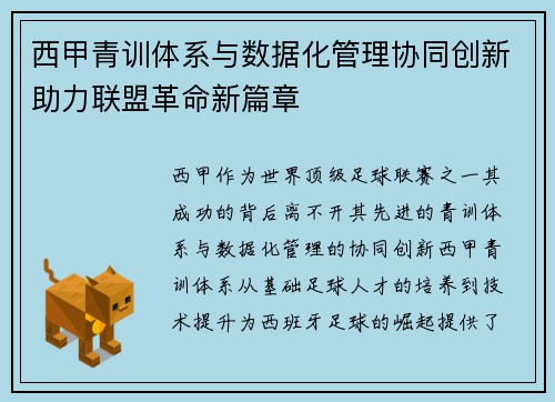西甲青训体系与数据化管理协同创新助力联盟革命新篇章