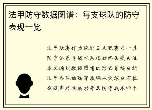 法甲防守数据图谱：每支球队的防守表现一览